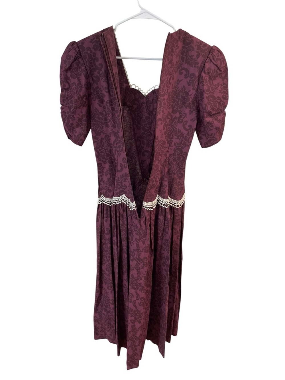 Vintage 80s Jessica McClintock Gunne Sax Cotton Prairie Dress 7/8 Burgundy Lace - Picture 8 of 15